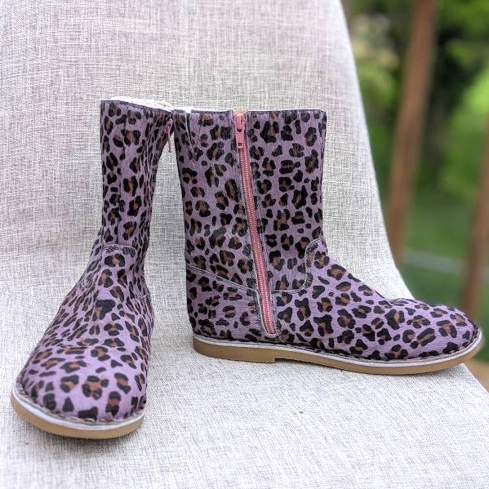 Mini Boden Snow Boots Girls US 5 EU 36 Purple Cheetah Print Faux Fur Side Zip
